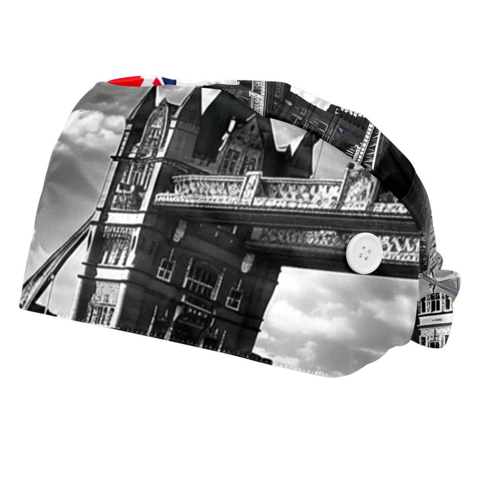 2-Pc,Bouffant Nurse Hats,Scrub Cap Adjustable Scrub Hats with Sweatband,Building Bridge British Flag