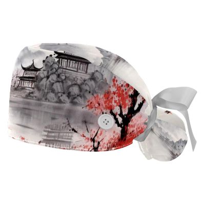 2-Pc,Gourd-Shaped Working Cap,Fisherman Hat with Buttons and Cotton Sweatband,Cherry Blossom Mountain River