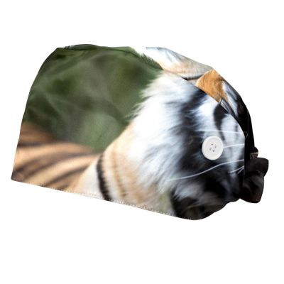 2-Pc,Bouffant Nurse Hats,Scrub Cap Adjustable Scrub Hats with Sweatband,Zoo Animal Portrait Tiger