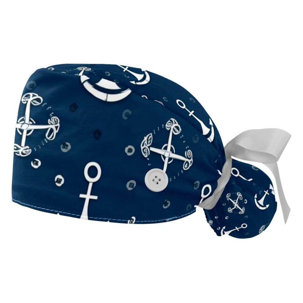 2-Pc,Gourd-Shaped Working Cap,Fisherman Hat with Buttons and Cotton Sweatband,Anchor Ocean Blue