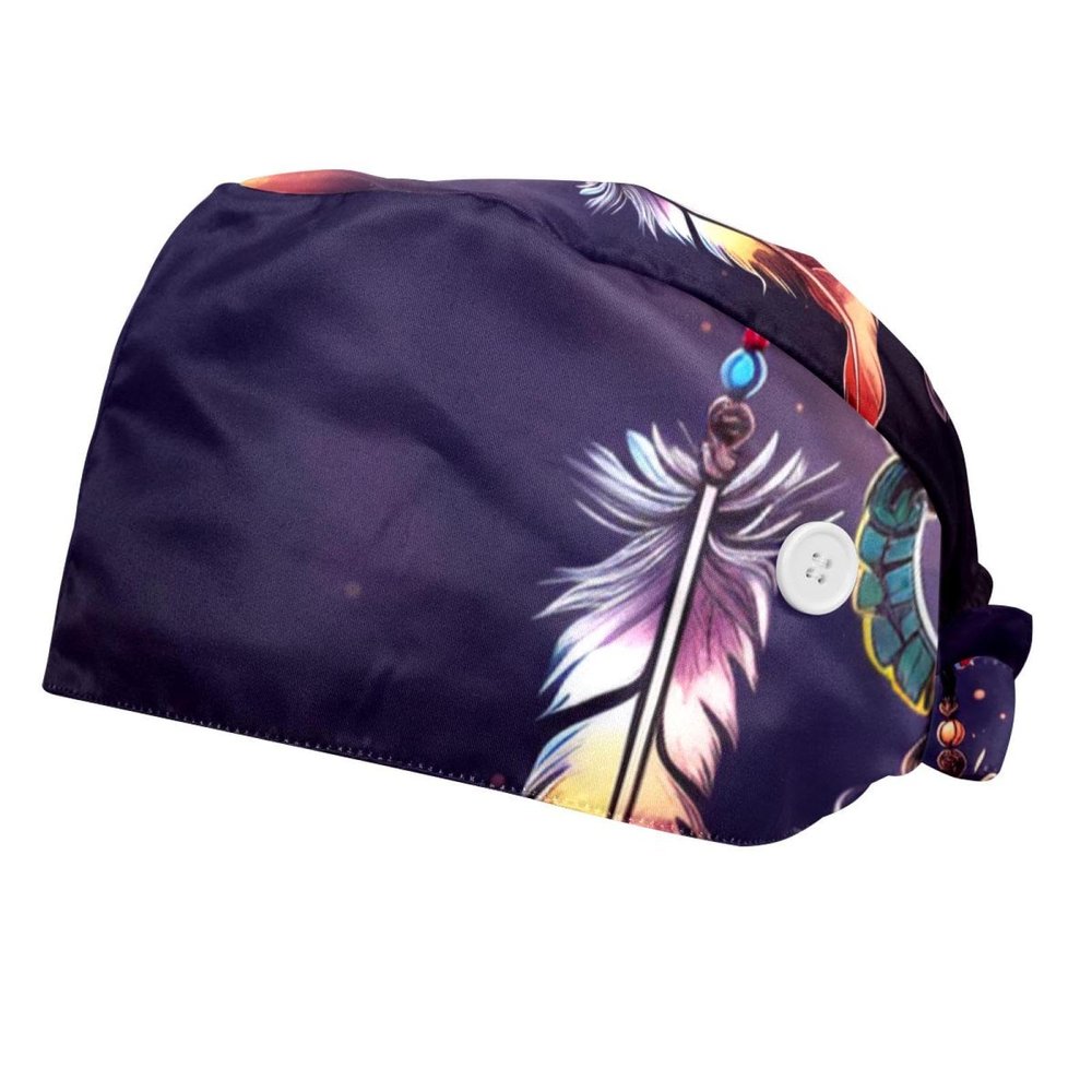 2-Pc,Bouffant Nurse Hats,Scrub Cap Adjustable Scrub Hats with Sweatband,Ethnic Style Feather Dream Catcher