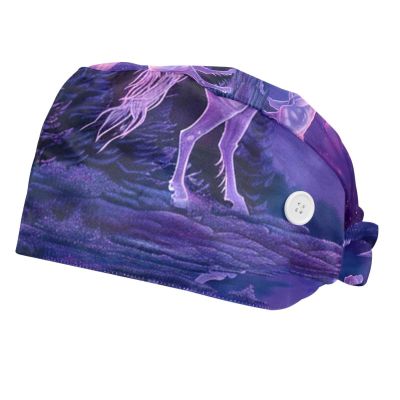 2-Pc,Bouffant Nurse Hats,Workout Hat with Buttons and Cotton Sweatband,Fantasy Nebula Galaxy Unicorn