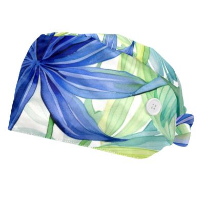 2-Pc,Bouffant Nurse Hats,Scrub Cap Adjustable Scrub Hats with Sweatband,Watercolor Palm Leaves