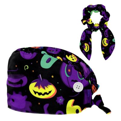 Scrub Hat,Working Head Cover with Buttons and Cotton Sweatband,Cartoon Halloween Elves