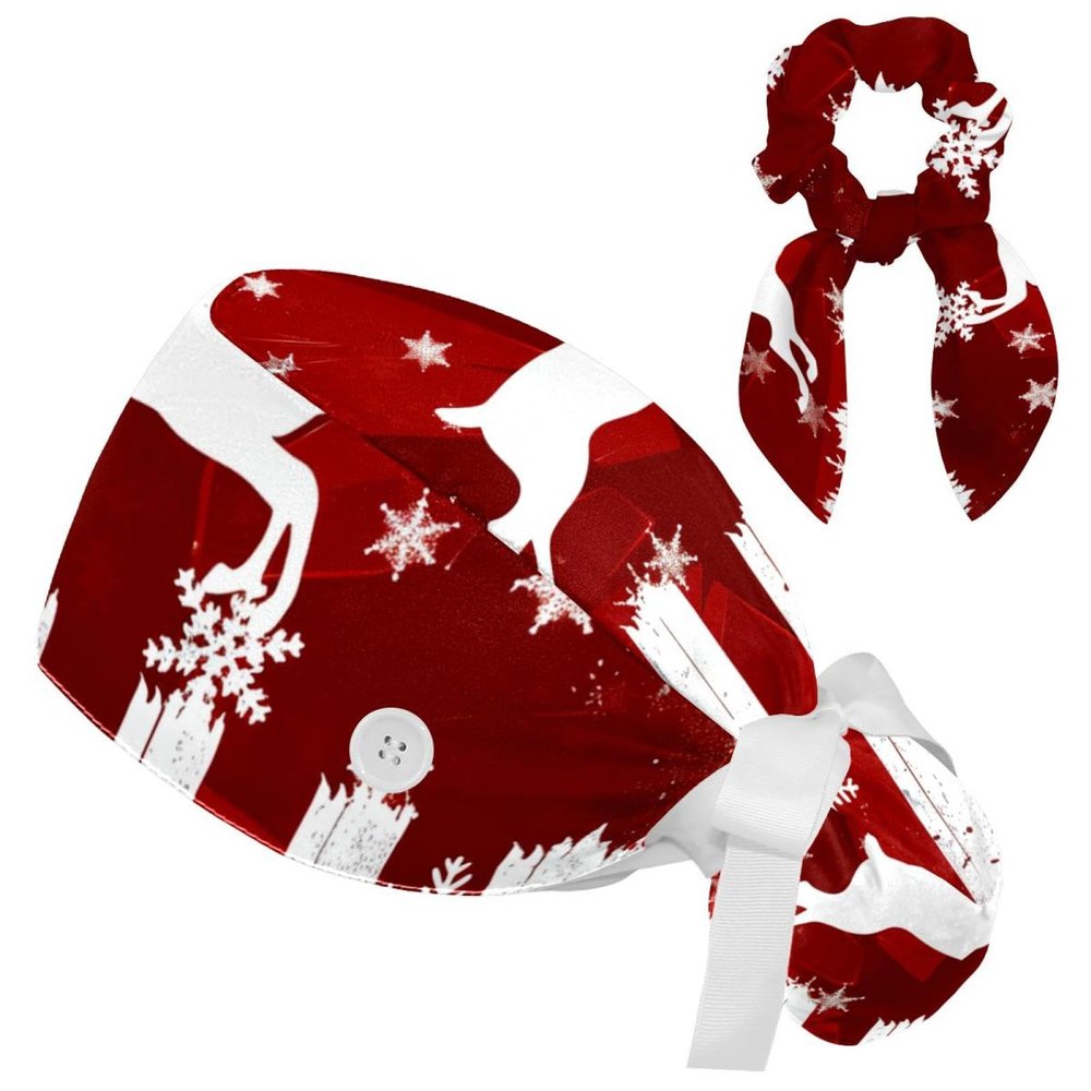 Nurse Scrub Caps,Scrub Hats with Buttons and Cotton Sweatband,Christmas New Year Reindeer Snow