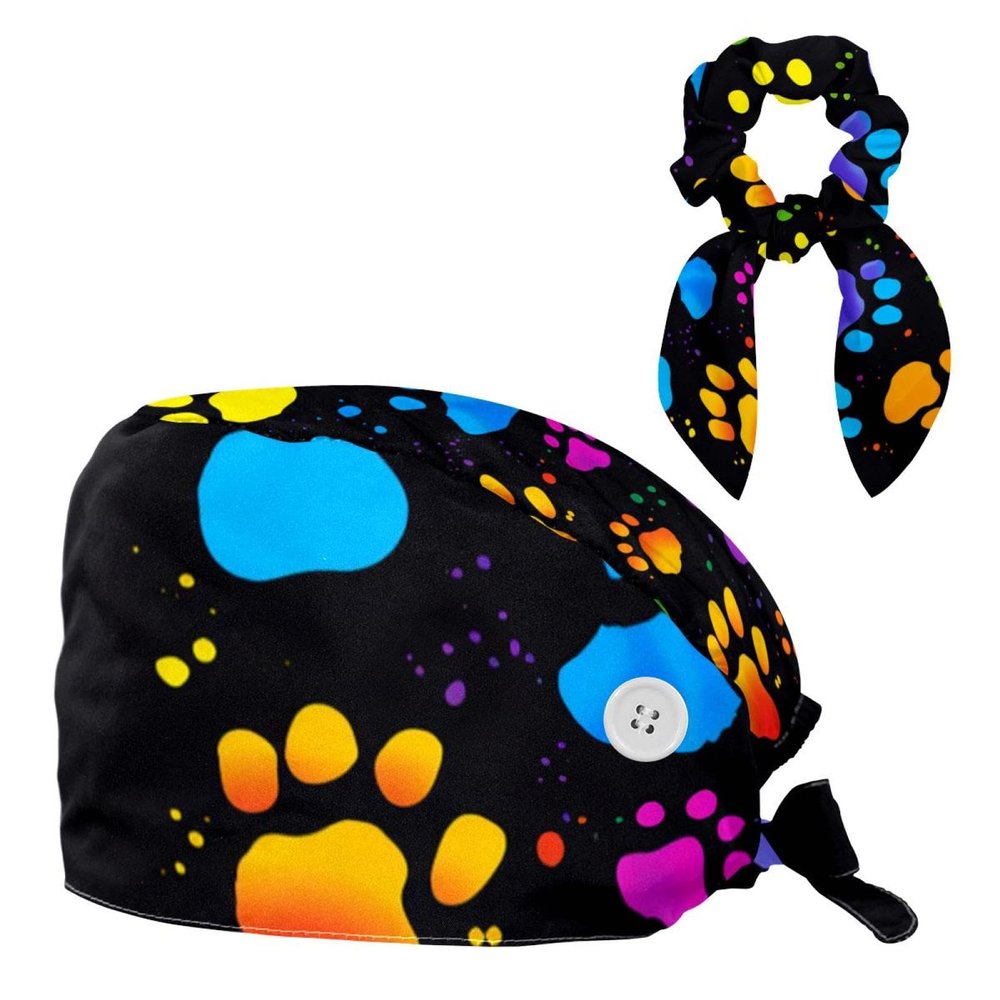 Scrub Hat,Working Head Cover with Buttons and Cotton Sweatband,Colorful Dog Paw Print