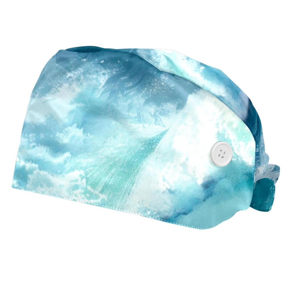 2-Pc,Bouffant Nurse Hats,Scrub Cap Adjustable Scrub Hats with Sweatband,Sea Scenery Ocean Wave