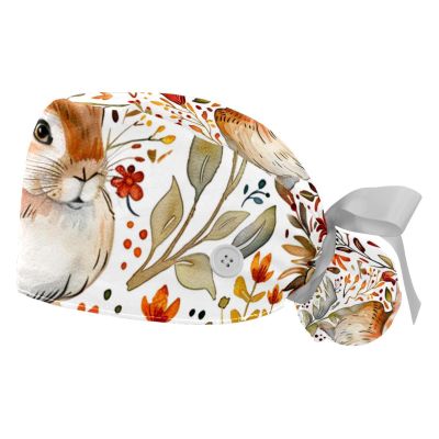 2-Pc,Gourd-Shaped Working Cap,Fisherman Hat with Buttons and Cotton Sweatband,Bunny Floral Rabbit