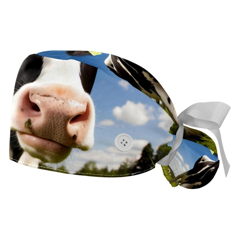 2-Pc,Gourd-Shaped Working Cap,Fisherman Hat with Buttons and Cotton Sweatband,Cow Green Glass Sky