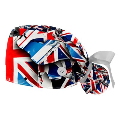 2-Pc Working Hat,Nursing Hat,Surgical Surgery Hats,British Flag Floral Bouffant Tie Back Hats