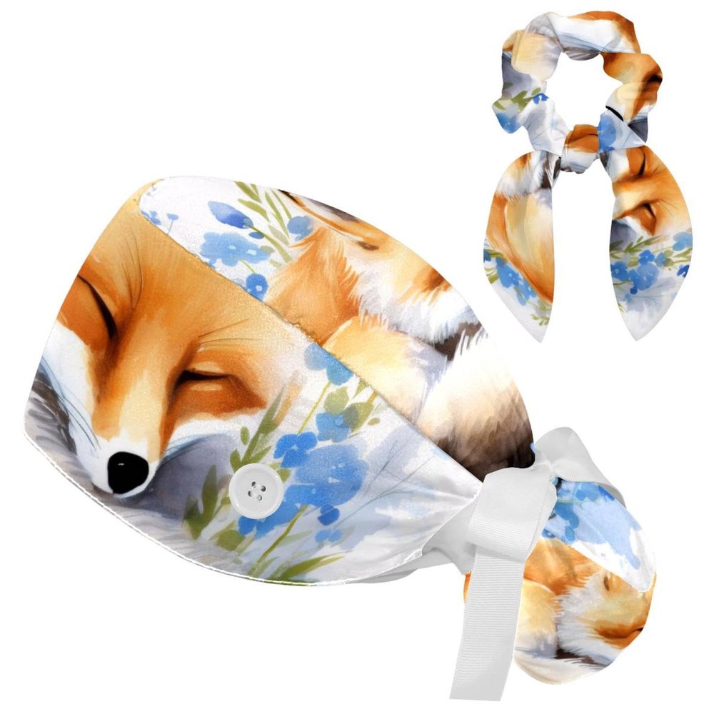Nurse Scrub Caps,Scrub Hats with Buttons and Cotton Sweatband,Animal Fox Blue Flower Pattern