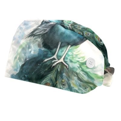 YTYVAGT 2-Pc,Bouffant Nurse Hats,Workout Hat with Buttons and Cotton Sweatband,Watercolor Abstract Peacock House