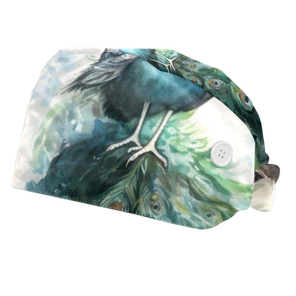 YTYVAGT 2-Pc,Bouffant Nurse Hats,Workout Hat with Buttons and Cotton Sweatband,Watercolor Abstract Peacock House