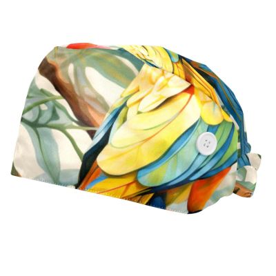 2-Pc,Bouffant Nurse Hats,Scrub Cap Adjustable Scrub Hats with Sweatband,Wood Leaves Flowers and Birds