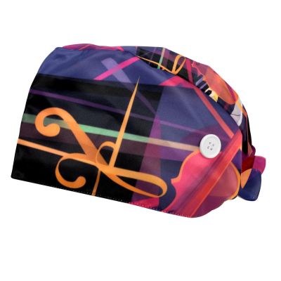 2-Pc,Bouffant Nurse Hats,Workout Hat with Buttons and Cotton Sweatband,Abstract Jazz Art Music Instruments