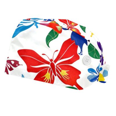 YTYVAGT 2-Pc,Bouffant Nurse Hats,Workout Hat with Buttons and Cotton Sweatband,Butterflies Flower Colored Pattern