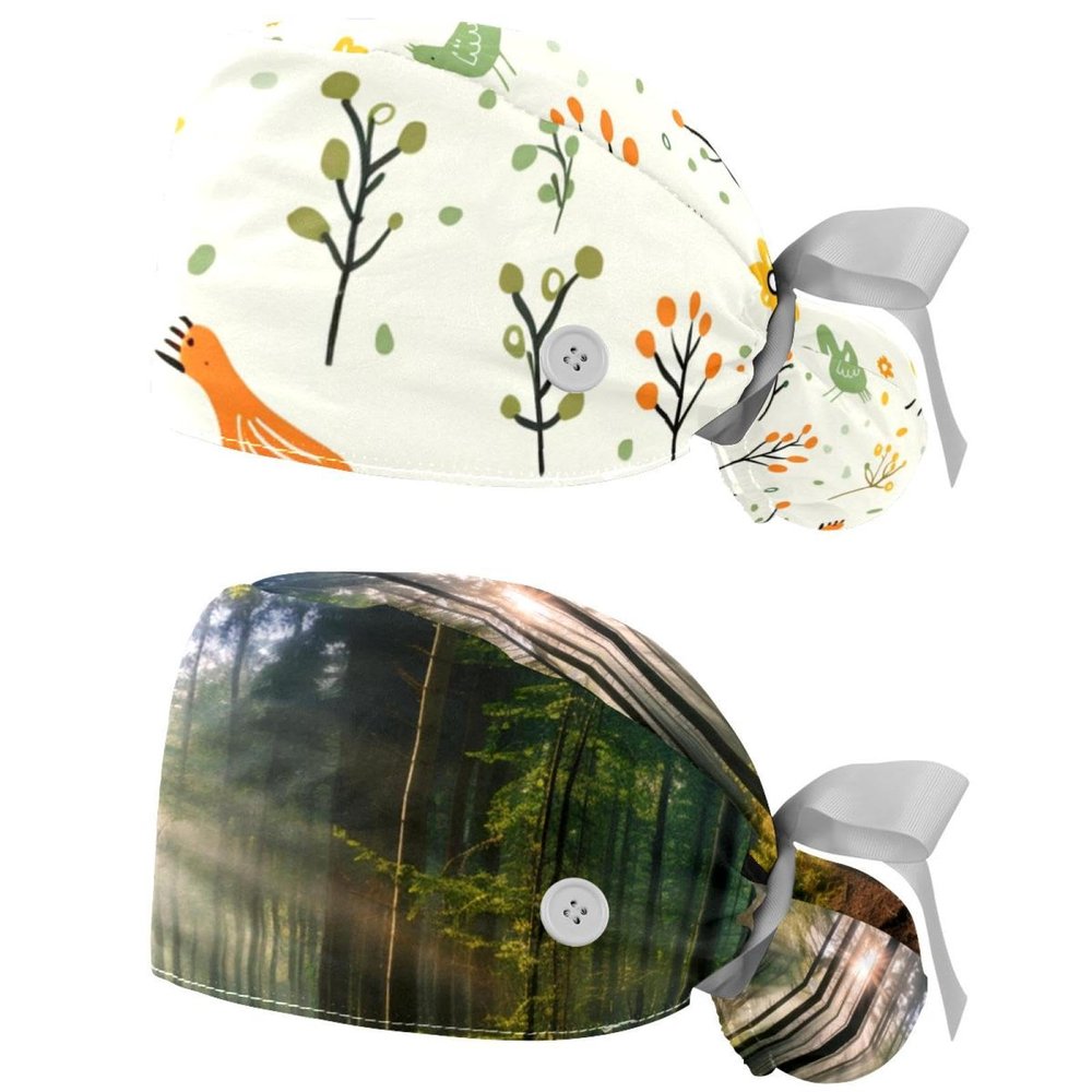 2-Pc,Nurse Scrub Caps,Scrub Hats with Buttons and Cotton Sweatband,Flower Bird Plant Leaves
