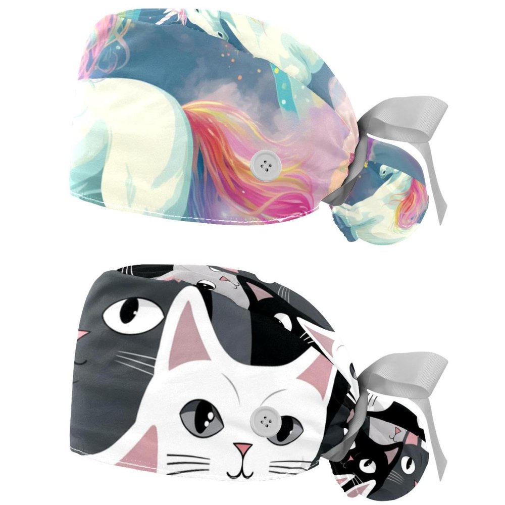 2-Pc,Nurse Scrub Caps,Scrub Hats with Buttons and Cotton Sweatband,Unicorn Cloud Rainbow