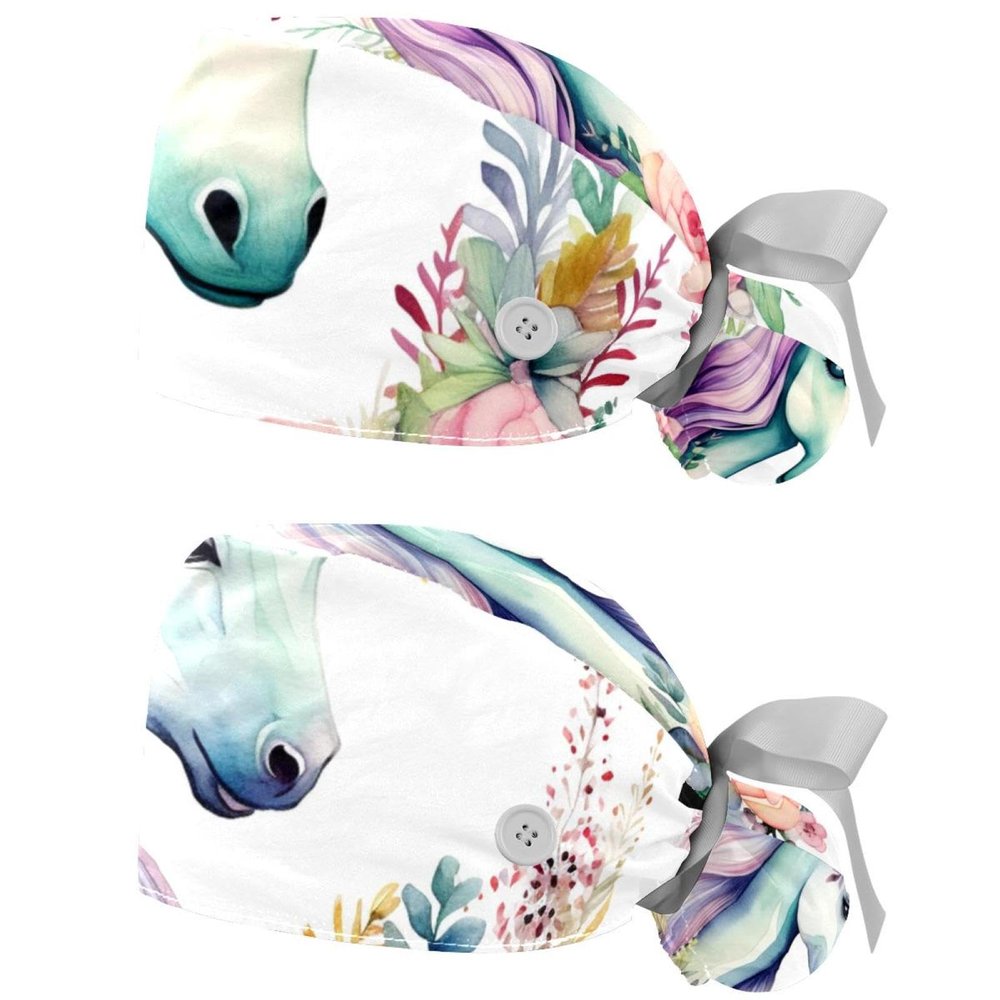 2-Pc,Gourd-Shaped Working Cap,Fisherman Hat with Buttons and Cotton Sweatband,Unicorn Floral Bushes