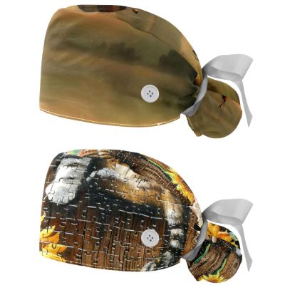 2-Pc,Nurse Scrub Caps,Scrub Hats with Buttons and Cotton Sweatband,Boat River Sunset Hot Air Balloon