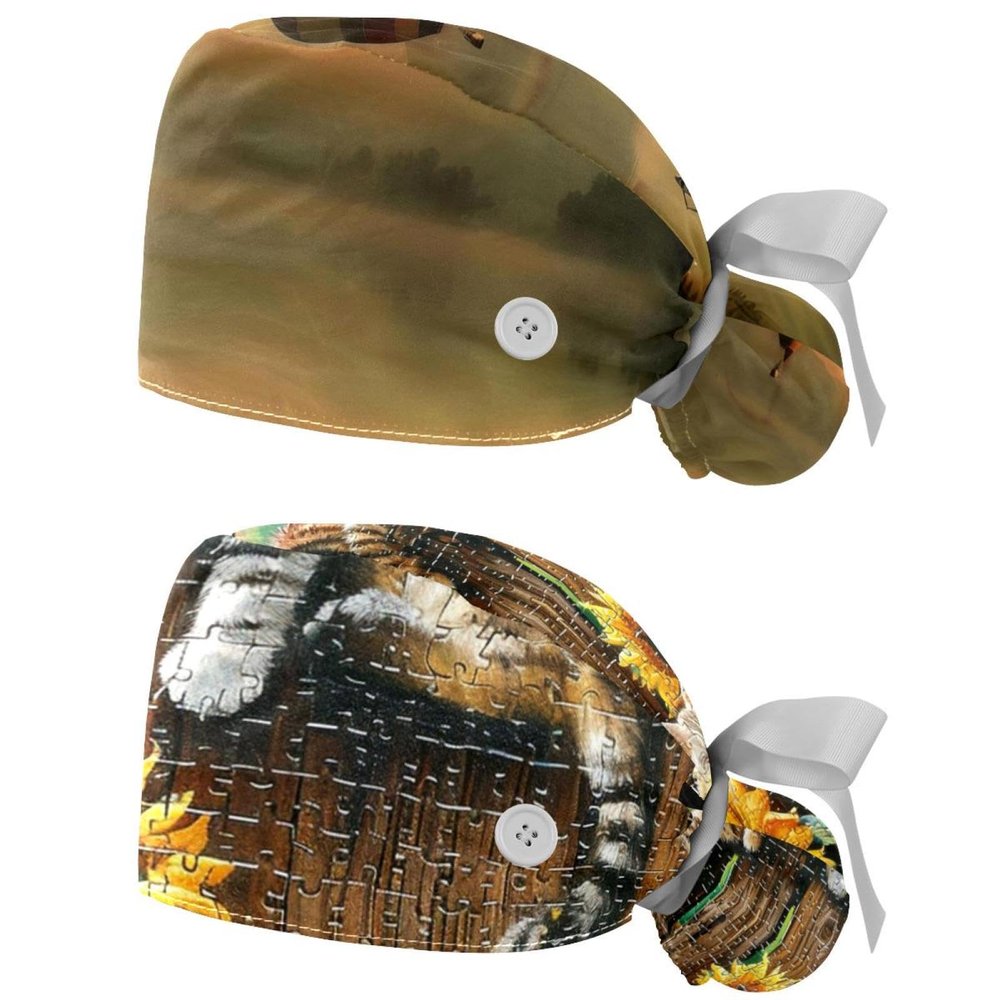 2-Pc,Nurse Scrub Caps,Scrub Hats with Buttons and Cotton Sweatband,Boat River Sunset Hot Air Balloon