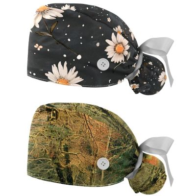 2-Pc,Gourd-Shaped Working Cap,Fisherman Hat with Buttons and Cotton Sweatband,Flower Daisy Dots