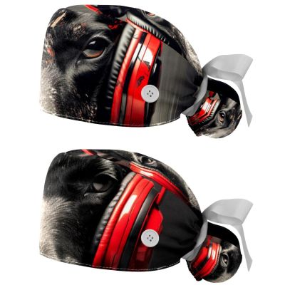 2-Pc,Nurse Scrub Caps,Scrub Hats with Buttons and Cotton Sweatband,Black Pet Dog and Music