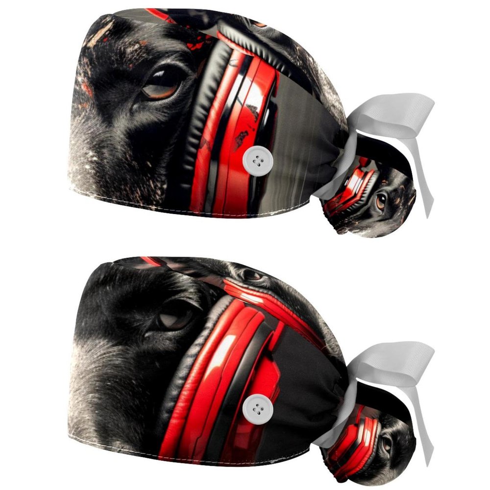 2-Pc,Nurse Scrub Caps,Scrub Hats with Buttons and Cotton Sweatband,Black Pet Dog and Music