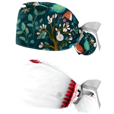 2-Pc,Nurse Scrub Caps,Scrub Hats with Buttons and Cotton Sweatband,Animal Mushroom Plant Bird