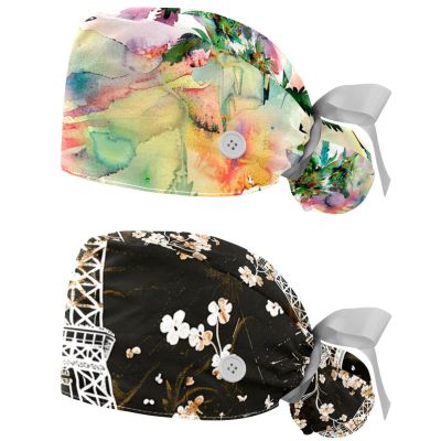 2-Pc,Gourd-Shaped Working Cap,Fisherman Hat with Buttons and Cotton Sweatband,Tropical Leaf Watercolor Style