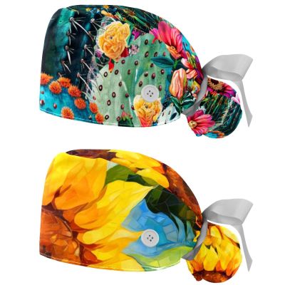 2-Pc,Nurse Scrub Caps,Scrub Hats with Buttons and Cotton Sweatband,Watercolor Cactus Blossom