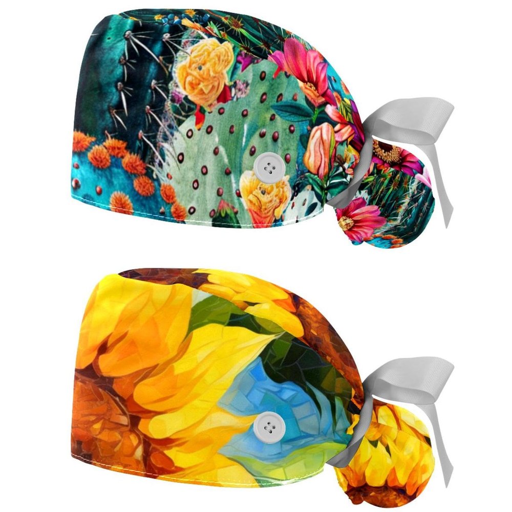 2-Pc,Nurse Scrub Caps,Scrub Hats with Buttons and Cotton Sweatband,Watercolor Cactus Blossom