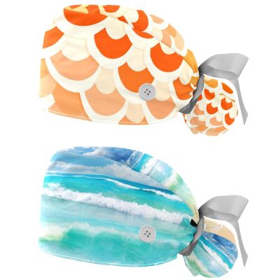 2-Pc,Gourd-Shaped Working Cap,Fisherman Hat with Buttons and Cotton Sweatband,Scale Orange Mermaid Ocean