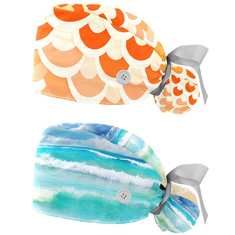 2-Pc,Gourd-Shaped Working Cap,Fisherman Hat with Buttons and Cotton Sweatband,Scale Orange Mermaid Ocean