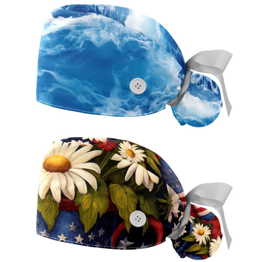 2-Pc,Nurse Scrub Caps,Scrub Hats with Buttons and Cotton Sweatband,Blue Water Sea Ocea