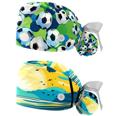 2-Pc,Nurse Scrub Caps,Scrub Hats with Buttons and Cotton Sweatband,Football Soccer Balls Floral