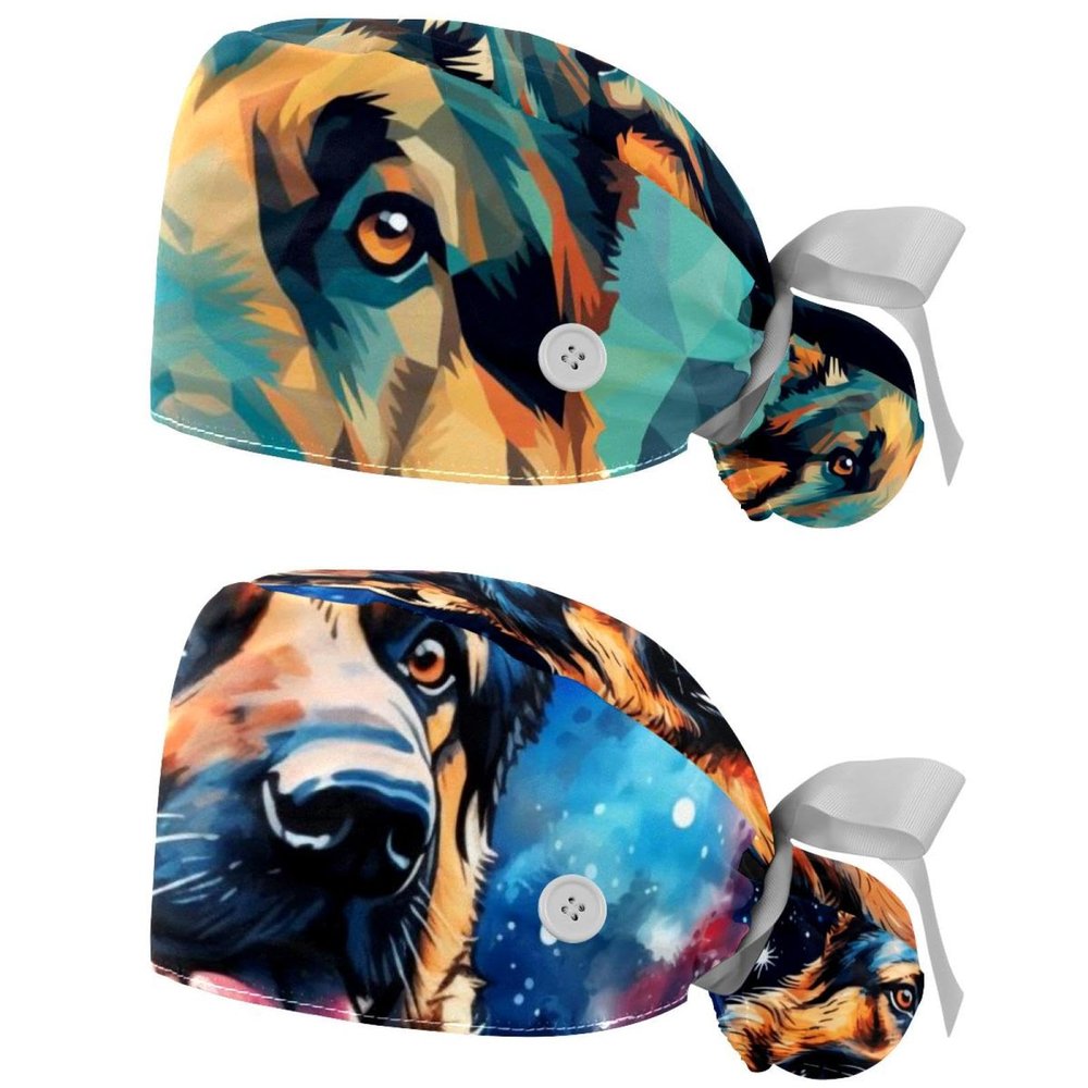 2-Pc,Gourd-Shaped Working Cap,Fisherman Hat with Buttons and Cotton Sweatband,Colorful Shepherd Dog Animal Illustration