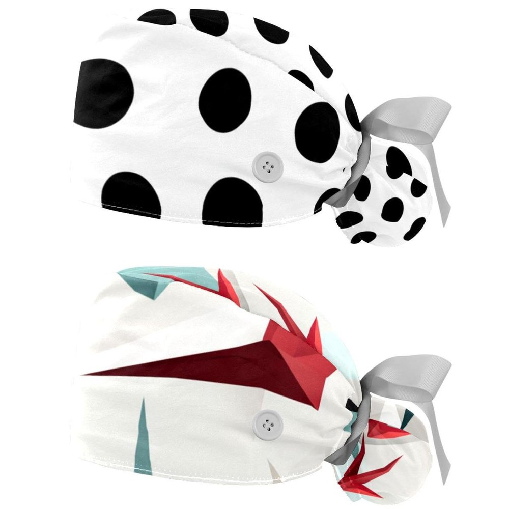 2-Pc,Nurse Scrub Caps,Scrub Hats with Buttons and Cotton Sweatband,Black White Polka Dot