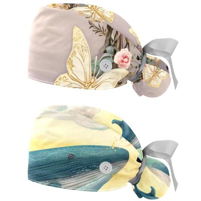 2-Pc,Gourd-Shaped Working Cap,Fisherman Hat with Buttons and Cotton Sweatband,Vintage Leaf Roses and Butterfly