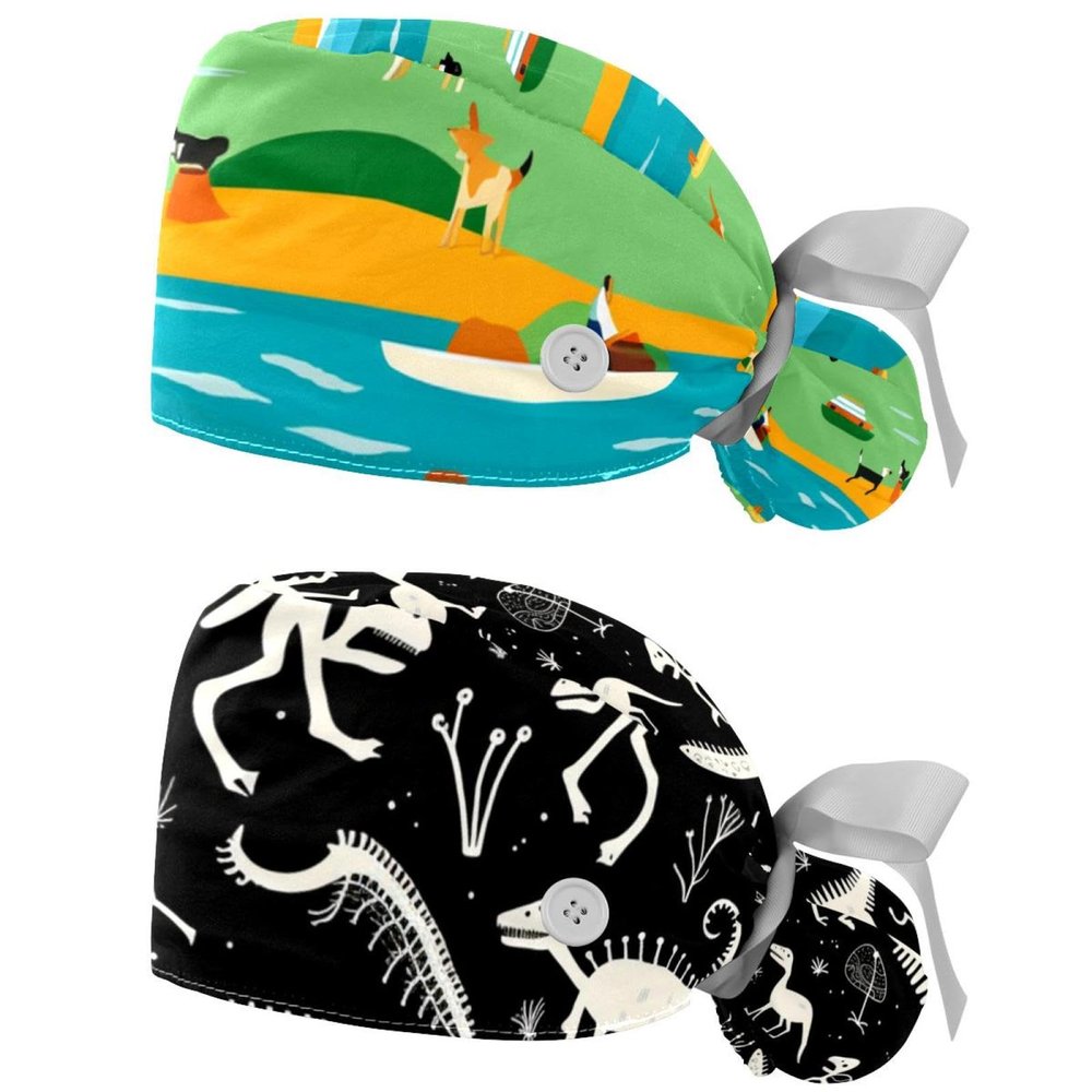 2-Pc,Gourd-Shaped Working Cap,Fisherman Hat with Buttons and Cotton Sweatband,Blue Yellow Green Striped Fox