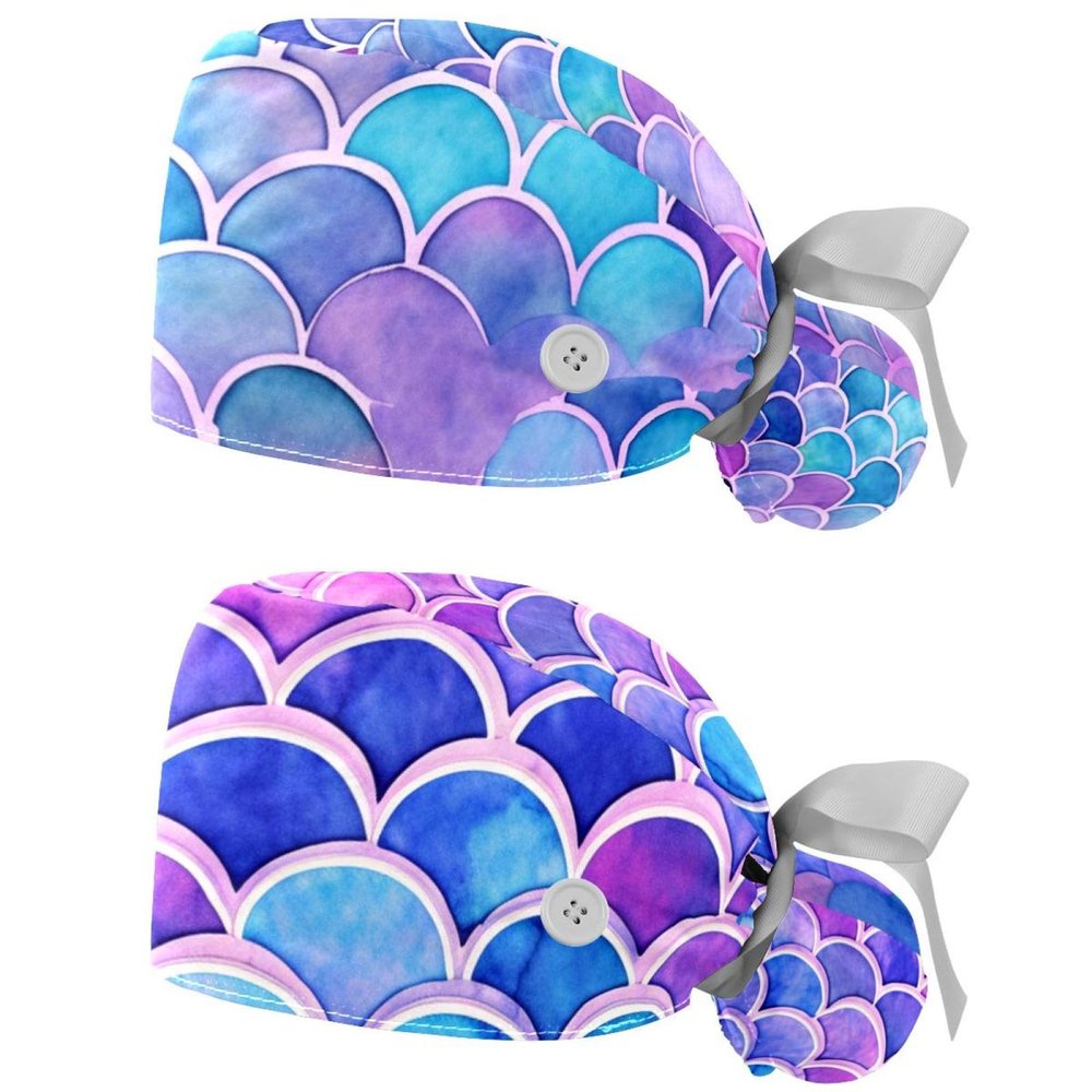 2-Pc,Scrub Hats Women Bouffant Hats,Work Hat with Buttons and Cotton Sweatband,Bright Scales Shapes Abstract