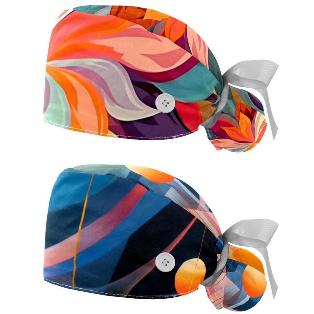 2-Pc,Gourd-Shaped Working Cap,Fisherman Hat with Buttons and Cotton Sweatband,Art Abstract Flower