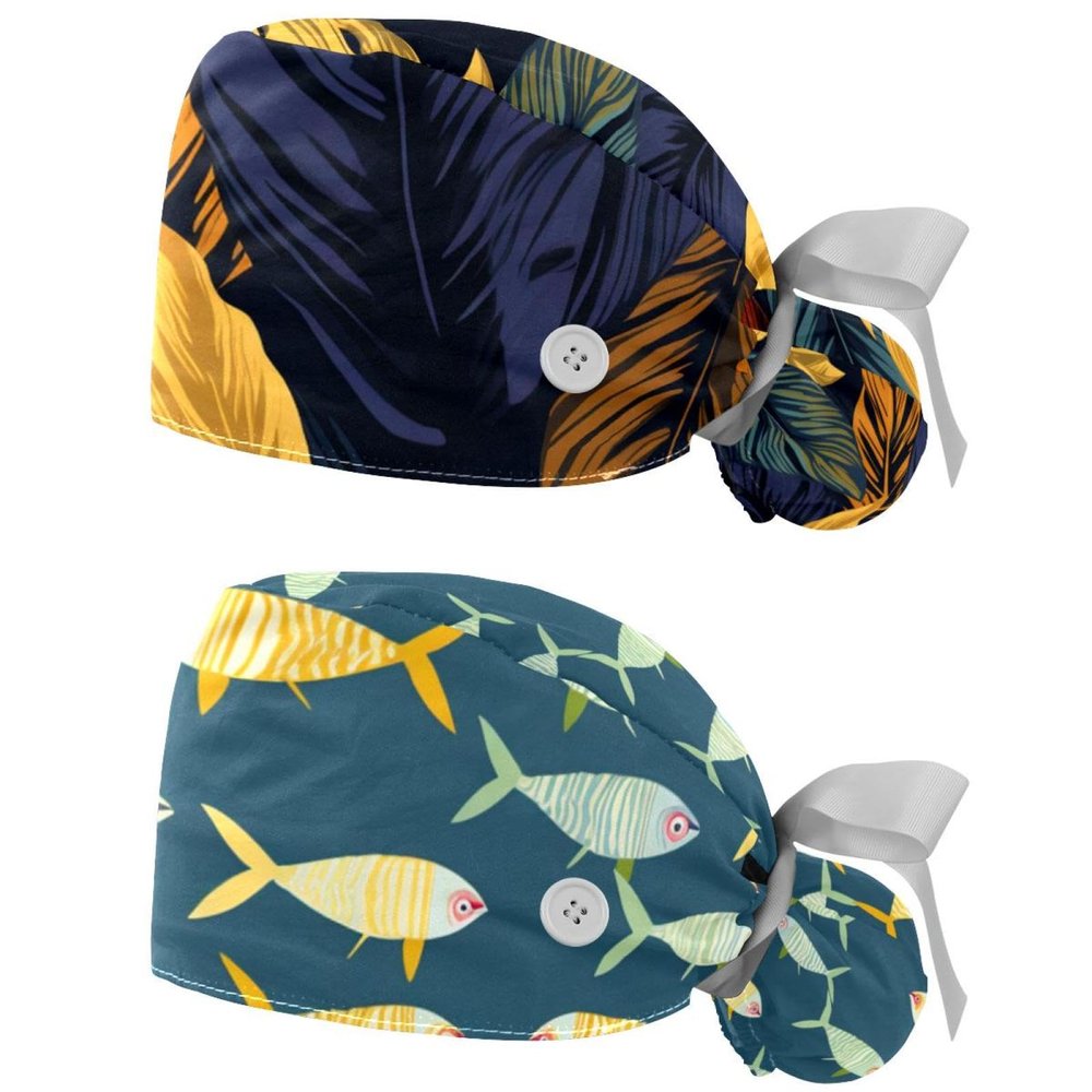 2-Pc,Nurse Scrub Caps,Scrub Hats with Buttons and Cotton Sweatband,Abstract Leaves