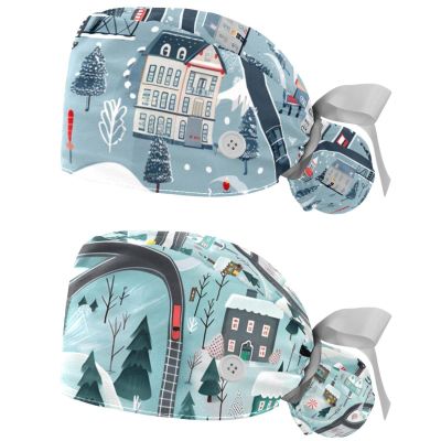 2-Pc,Scrub Hats Women Bouffant Hats,Work Hat with Buttons and Cotton Sweatband,Cartoon Train Railway Game Mat