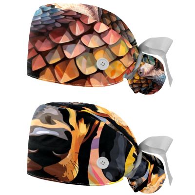 2-Pc,Gourd-Shaped Working Cap,Fisherman Hat with Buttons and Cotton Sweatband,Classic Animal Art Illustration