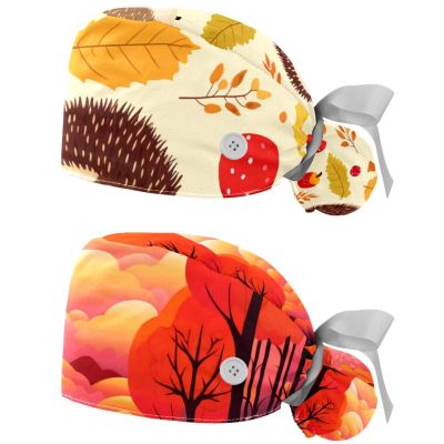 2-Pc,Gourd-Shaped Working Cap,Fisherman Hat with Buttons and Cotton Sweatband,Autumn Animals