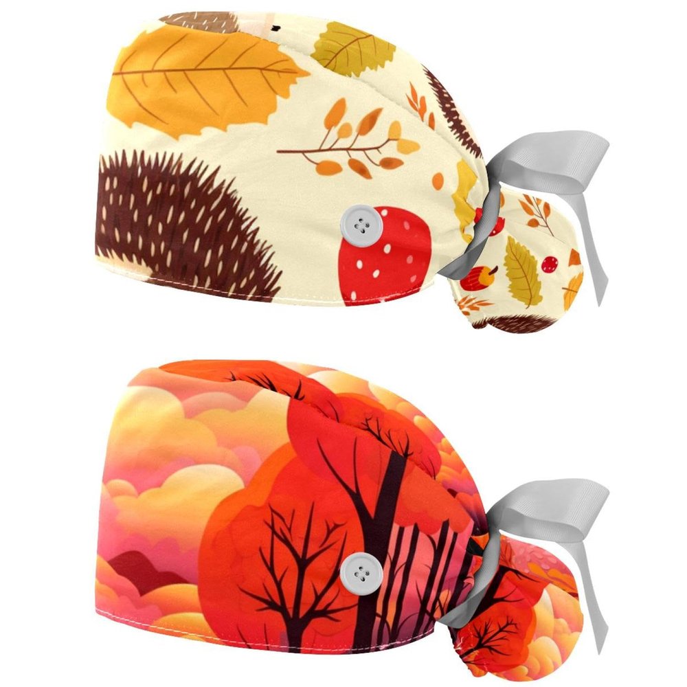 2-Pc,Gourd-Shaped Working Cap,Fisherman Hat with Buttons and Cotton Sweatband,Autumn Animals