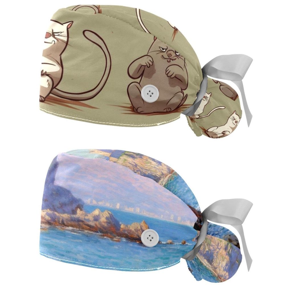 2-Pc,Gourd-Shaped Working Cap,Fisherman Hat with Buttons and Cotton Sweatband,Animal Yoga Bulldog