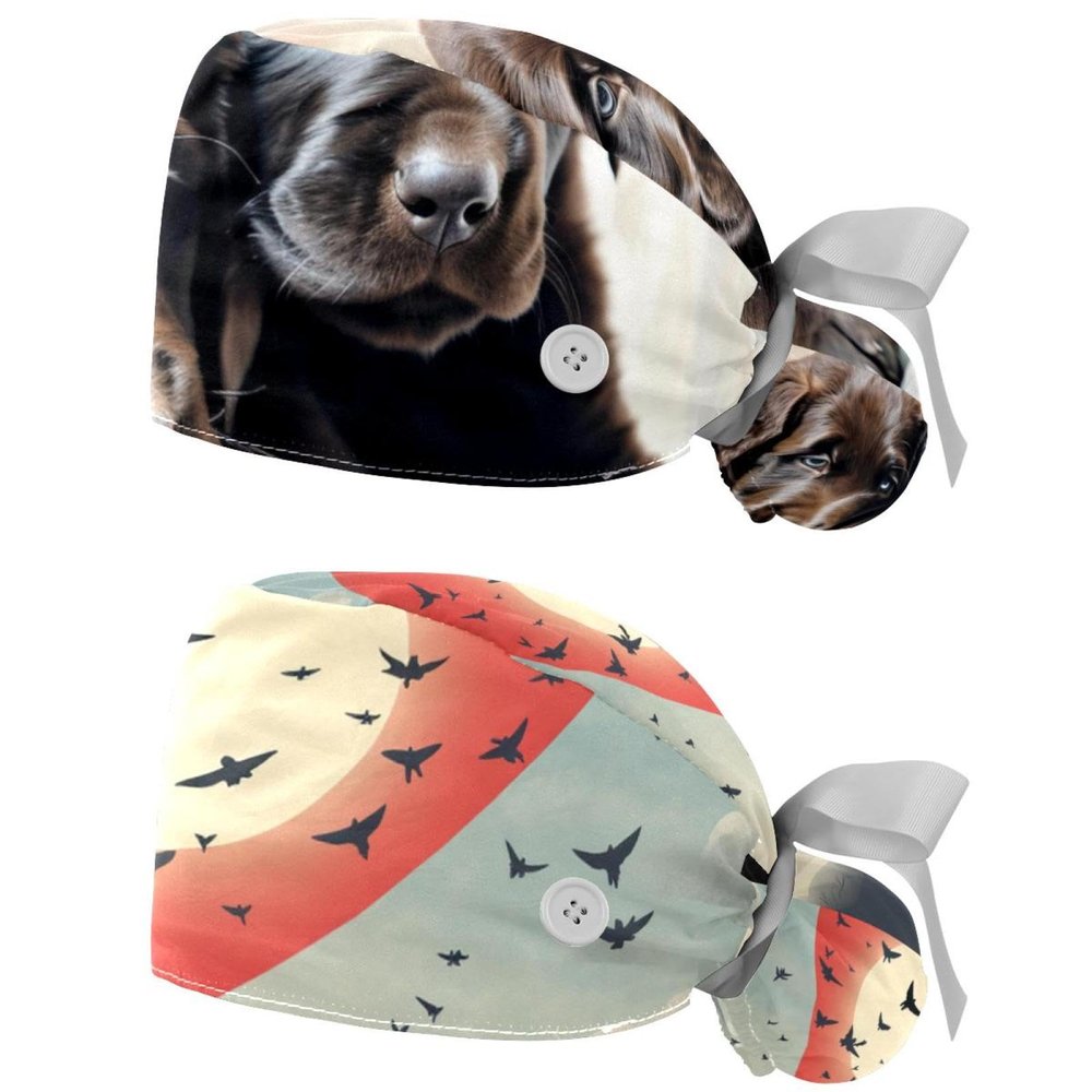 2-Pc,Nurse Scrub Caps,Scrub Hats with Buttons and Cotton Sweatband,Black and Gray Puppies