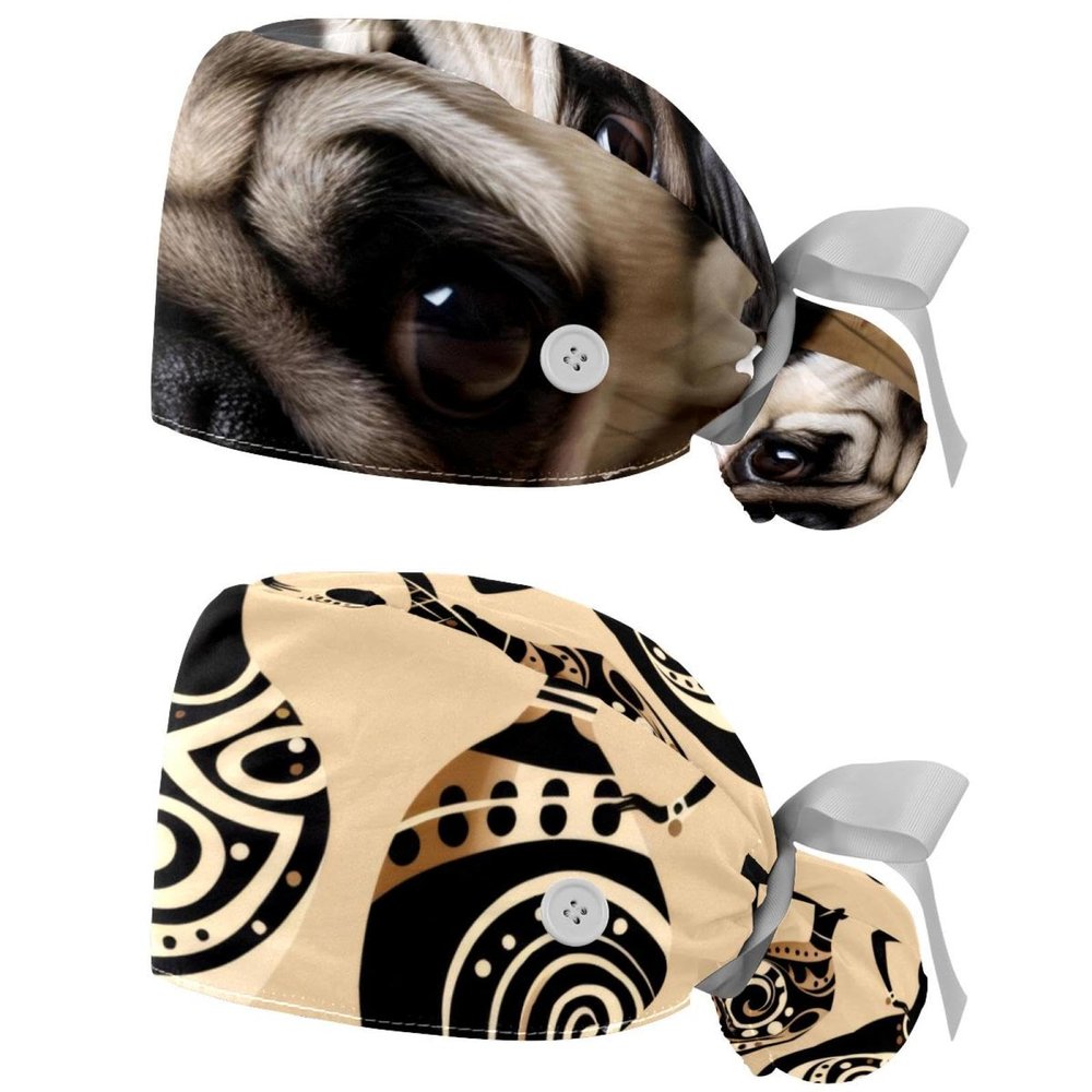 2-Pc,Gourd-Shaped Working Cap,Fisherman Hat with Buttons and Cotton Sweatband,Puppy Animal Dog Pattern